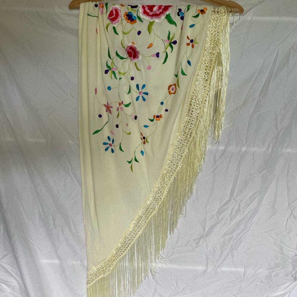 Cream Flamenco Boho Fringe Triangle Scarf Shawl